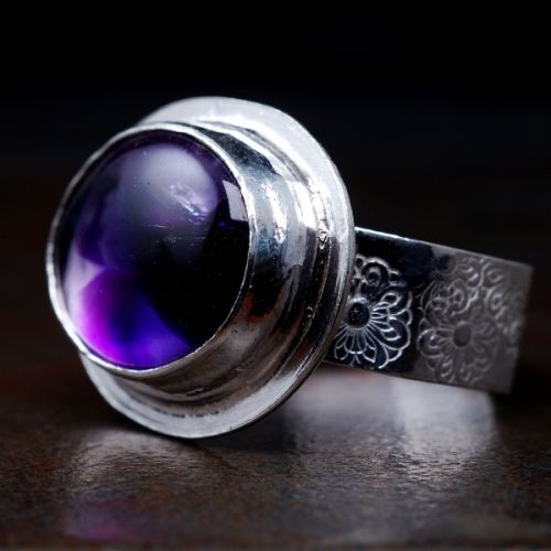 Handcrafted Horizontal Oval Tripache Amethyst Sterling Silver Mandela Stamped Octagonal Ring