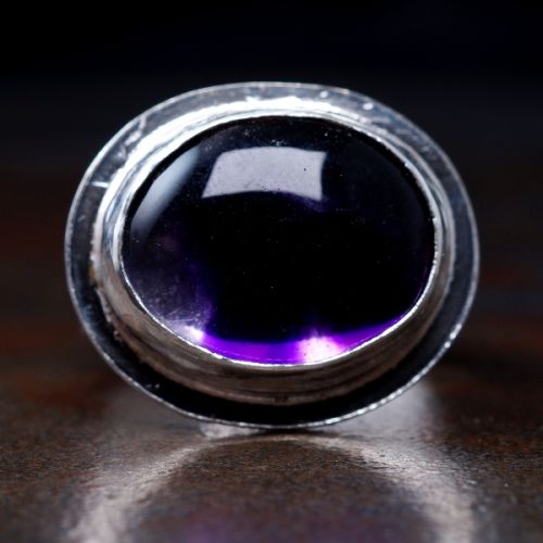 Handcrafted Horizontal Oval Tripache Amethyst Sterling Silver Mandela Stamped Octagonal Ring