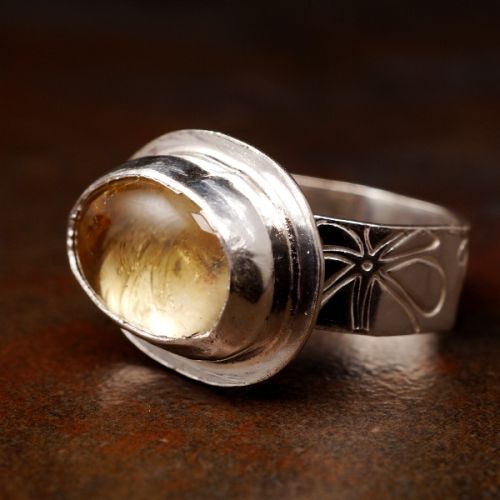 Contemporary Handcrafted Horizontal Oval Citrine  Sterling Silver Bezel Set Octagonal Ring 01