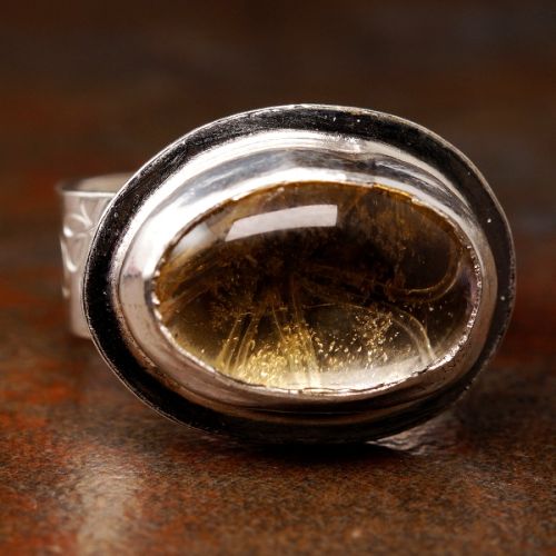 Contemporary Handcrafted Horizontal Oval Citrine  Sterling Silver Bezel Set Octagonal Ring 01