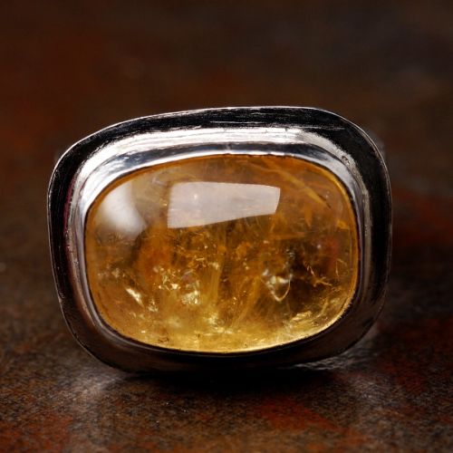 Contemporary Handcrafted Horizontal Rectangular Citrine Sterling Silver Bezel Set Octagonal Ring 01