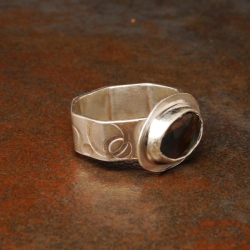 Handcrafted Contemporary Horizontal Set Pebble Moss Aquamarine Sterling Silver Stamped Octagonal Rin