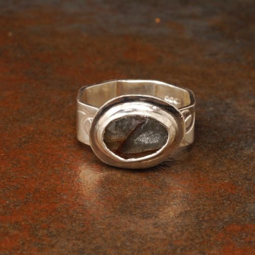 Handcrafted Contemporary Horizontal Set Pebble Moss Aquamarine Sterling Silver Stamped Octagonal Rin