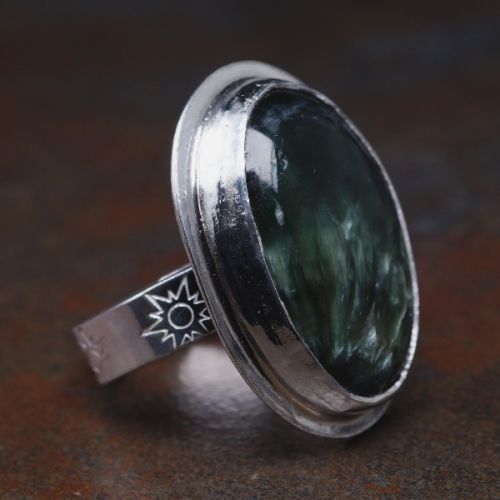 Handcrafted Oval Seraphinite Sterling Silver Star Stamped Octagonal Ring