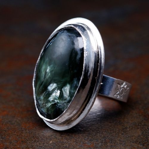 Handcrafted Oval Seraphinite Sterling Silver Star Stamped Octagonal Ring