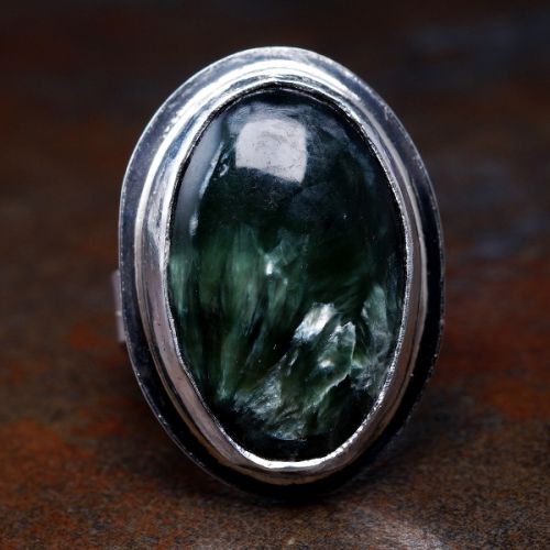 Handcrafted Oval Seraphinite Sterling Silver Star Stamped Octagonal Ring