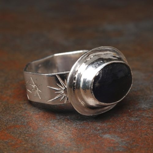 Handcrafted Horizontal Set Oval Sunstone Iolite Sterling Silver Star Stamped Octagonal Ring