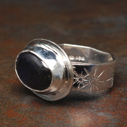 Handcrafted Horizontal Set Oval Sunstone Iolite Sterling Silver Star Stamped Octagonal Ring