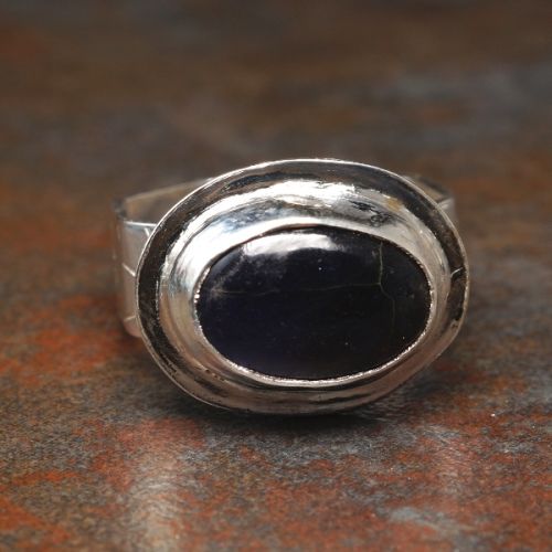 Handcrafted Horizontal Set Oval Sunstone Iolite Sterling Silver Star Stamped Octagonal Ring