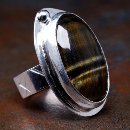 Handcrafted Oval Tiger's Eye Sterling Silver Geometric Stamped Octagonal Ring