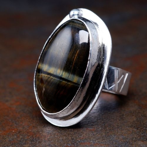 Handcrafted Oval Tiger's Eye Sterling Silver Geometric Stamped Octagonal Ring