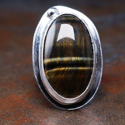 Handcrafted Oval Tiger's Eye Sterling Silver Geometric Stamped Octagonal Ring