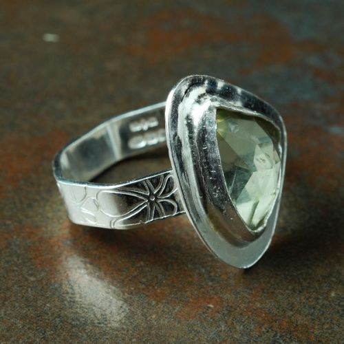 Handcrafted Contemporary Pebble Green Amethyst  Sterling Silver Octagonal Ring