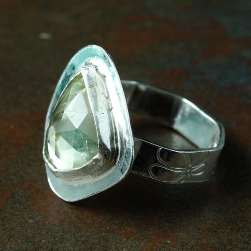 Handcrafted Contemporary Pebble Green Amethyst  Sterling Silver Octagonal Ring