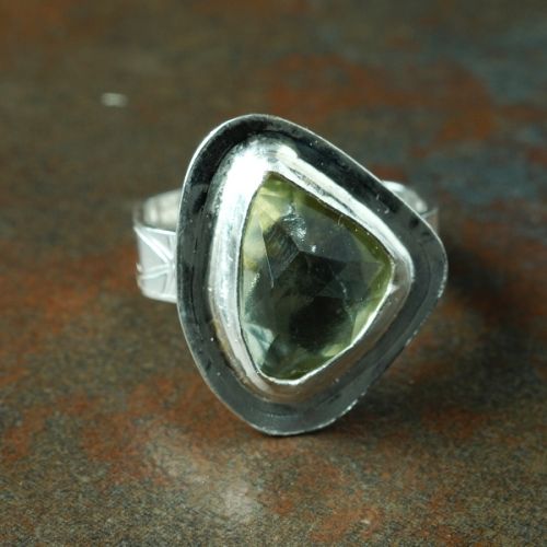Handcrafted Contemporary Pebble Green Amethyst  Sterling Silver Octagonal Ring