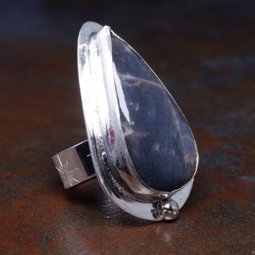 Handcrafted Teardrop Grey Moonstone Sterling Silver Bezel Set Star Stamped Octagonal Ring 01