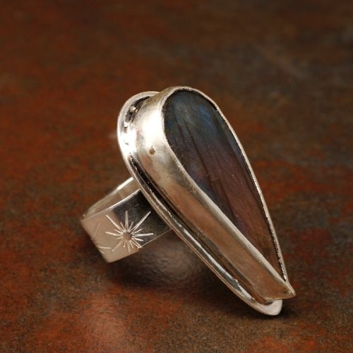 Handcrafted Contemporary Teardrop Orange Purple Bicolour Labradorite Sterling Silver Stamped Octagon