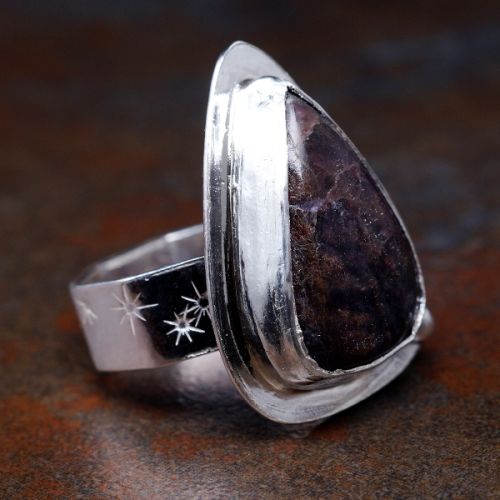 Handcrafted Teardrop Sunstone Iolite Sterling Silver Star Stamped Octagonal Ring