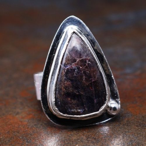 Handcrafted Teardrop Sunstone Iolite Sterling Silver Star Stamped Octagonal Ring