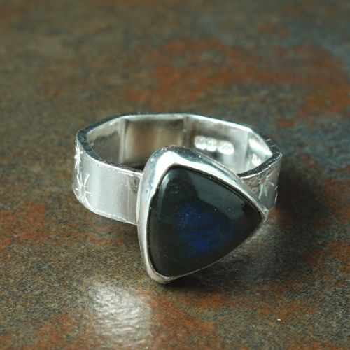 Handcrafted Contemporary trillion Blue Labradorite Sterling Silver Octagonal Ring