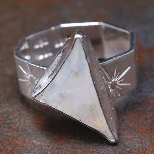 Handcrafted sterling silver bezel set triangular Rainbow Moonstone Octagonal Ring
