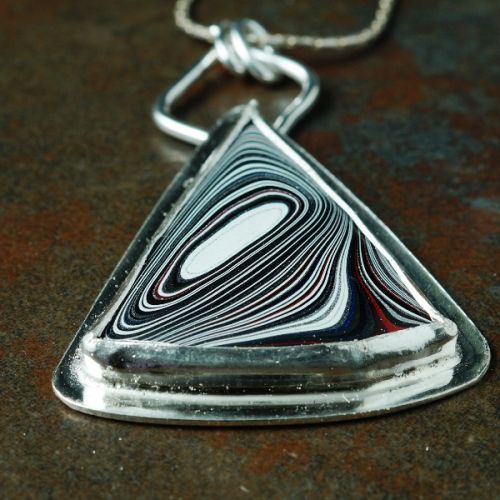 Handcrafted Triangular Fordite Sterling Silver Pendant 02
