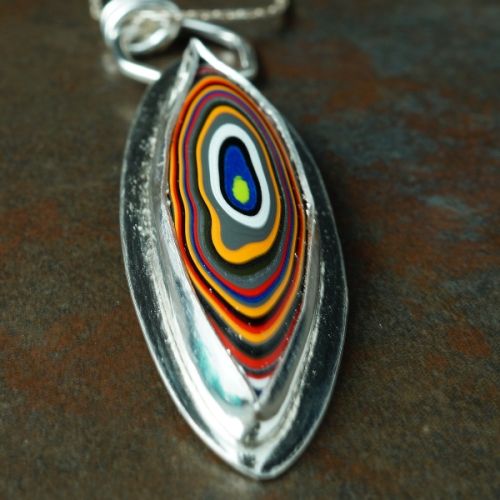 Handcrafted Marquis Fordite Sterling Silver Pendant 02
