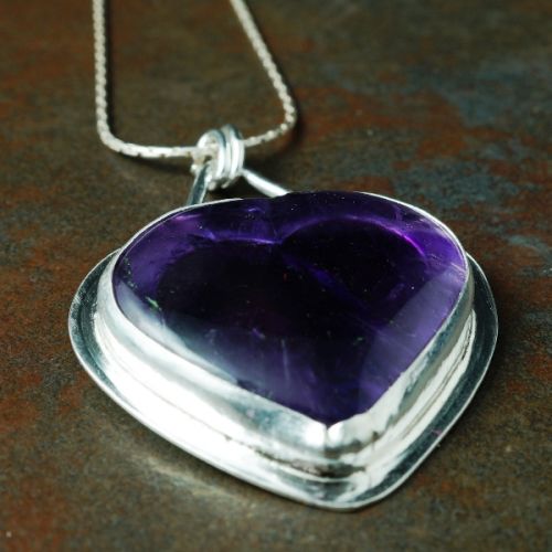 Handcrafted Tripache Amethyst Heart sterling silver bezel set cut out pendant 01