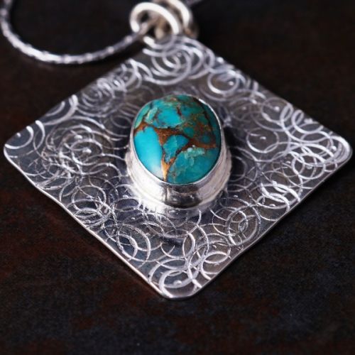 Handcrafted stamped sterling silver oval copper turquoise pendant 01