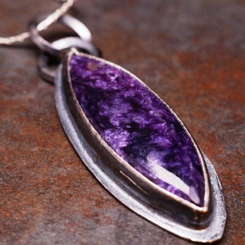 Handmade Marquis Charoite Oxidised  Sterling Silver Bezel Set Pendant 01