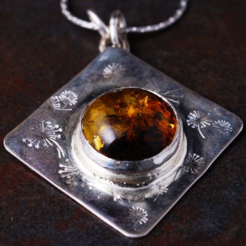 Handcrafted dandelion stamped sterling silver Round Amber pendant 01