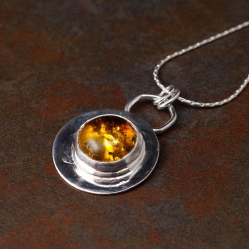 Handcrafted Round Ombre Amber Sterling Silver Bezel Set Pendant 03