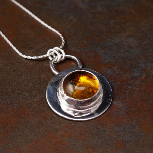 Handcrafted Round Ombre Baltic Amber Sterling Silver Bezel Set Pendant 03