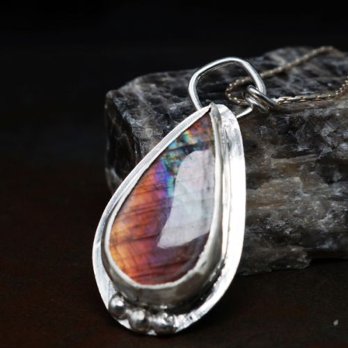 Handcrafted Teardrop Purple Orange Labradorite Sterling Silver Pendant 01