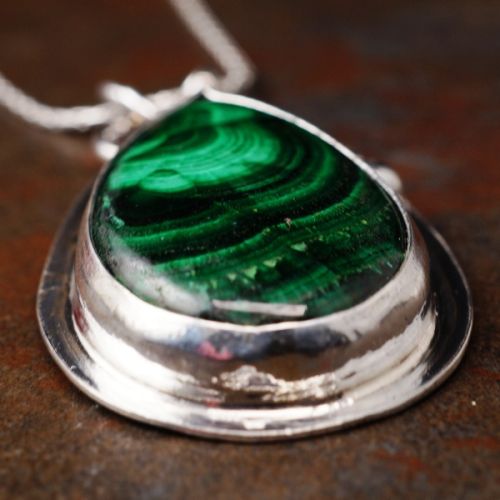 Handcrafted Teardrop Malachite Sterling Silver Bezel Set Pendant 04