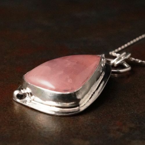 Handcrafted Teardrop Rose Quartz Sterling Silver Bezel Set Pendant 02 with heart cut out