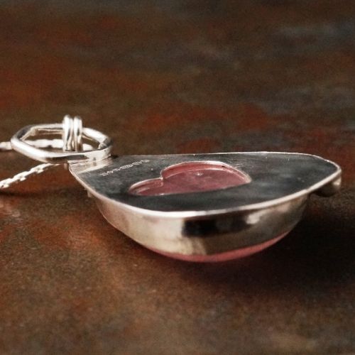 Handcrafted Teardrop Rose Quartz Sterling Silver Bezel Set Pendant 02 with heart cut out