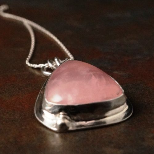 Handcrafted Teardrop Rose Quartz Sterling Silver Bezel Set Pendant 02 with heart cut out