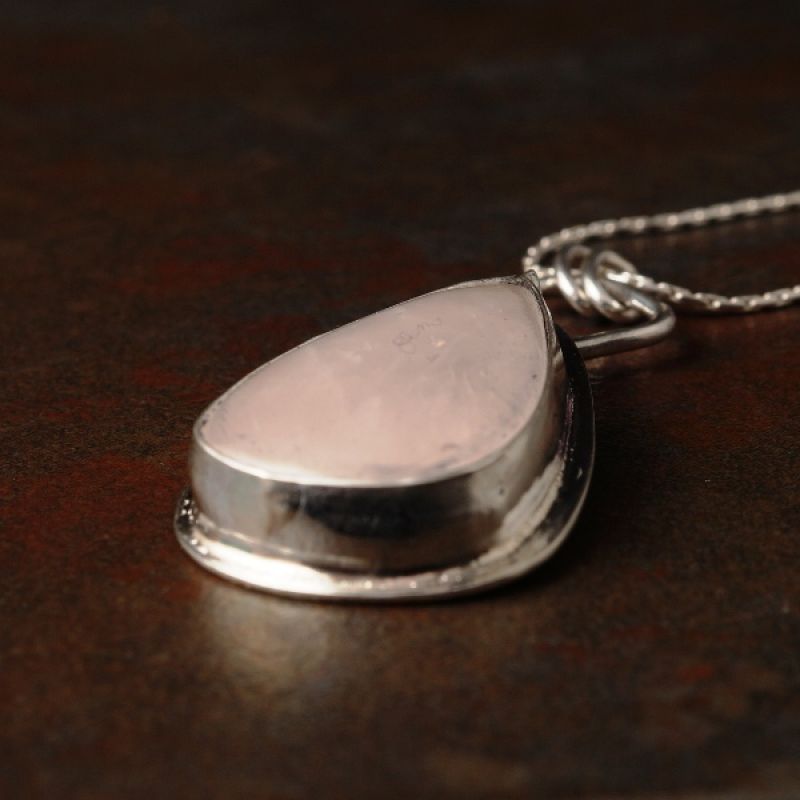 Handcrafted Teardrop Rose Quartz Sterling Silver Bezel Set Pendant 0 with heart cut out