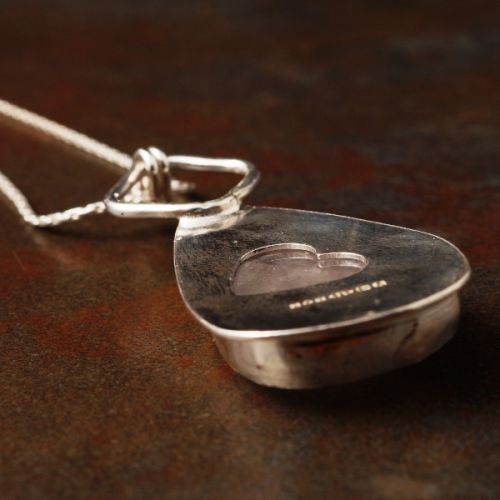 Handcrafted Teardrop Rose Quartz Sterling Silver Bezel Set Pendant 0 with heart cut out