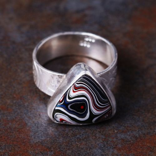 Handcrafted recycled SS Bezel set Trillion Fordite Ring 02