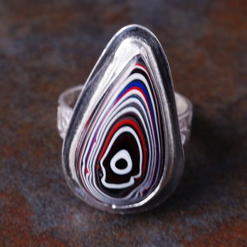 Handcrafted recycled SS Bezel set Teadrrop Fordite Ring 02