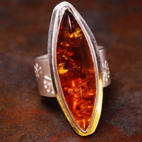 Handmade Marquise Baltic Amber Stamped  Sterling Silver Bezel Set Ring 01