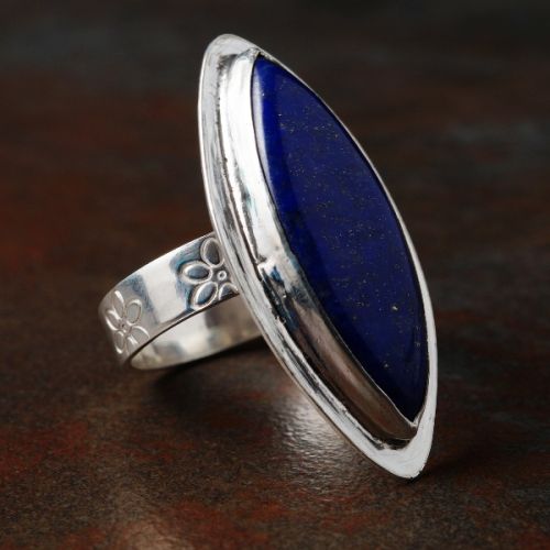 Handcrafted Marquis Lapis Lazuli Sterling Silver Flower Stamped Ring