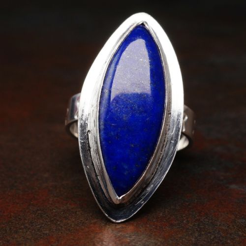 Handcrafted Marquis Lapis Lazuli Sterling Silver Flower Stamped Ring