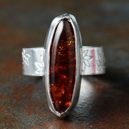 Handcrafted Oval Burnt Orange Amber Sterling Silver Bezel Set Ring 01