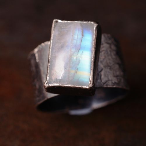 Handmade Oxidised Rectangular Rainbow Moonstone Sterling Silver Bezel Set Ring 01