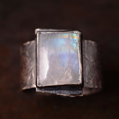 Handmade Oxidised Square Rainbow Moonstone Sterling Silver Bezel Set Ring 01
