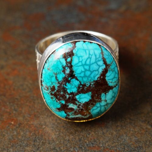 Handcrafted Oval Turquoise Bezel Set Stamped Sterling Silver Ring 02