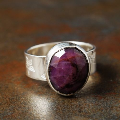 Handcrafted Oval Facetted Pink Sapphire Sterling Silver Bezel Set Textured Ring 01